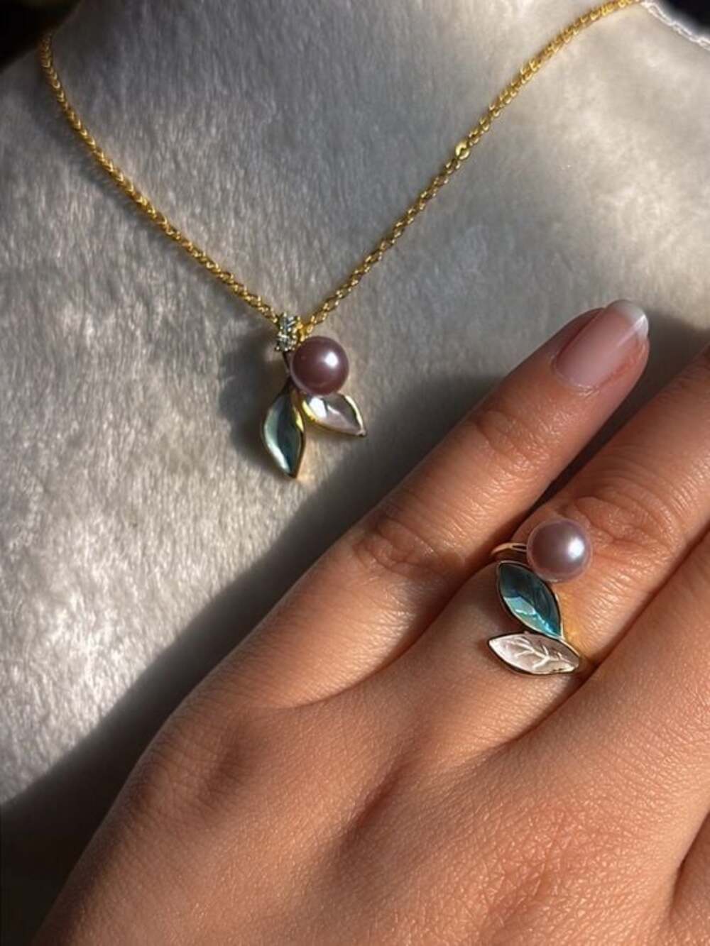 Gold Painted Pearl Pendant with Purple Pearls and blue green leaves | chain